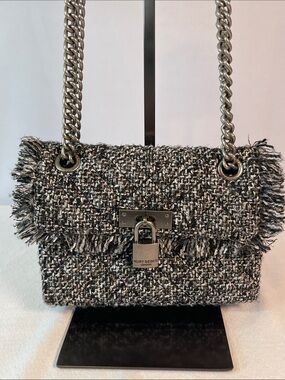 Kurt Geiger London Mini Brixton Tweed Chain Shoulder Bag Black White Fringe